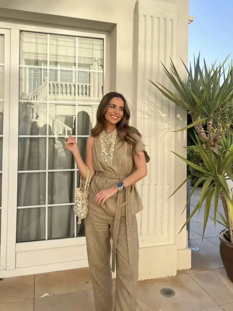 Cross-border 2025 Belt Top & Capri Pants Set Tan - Image 7