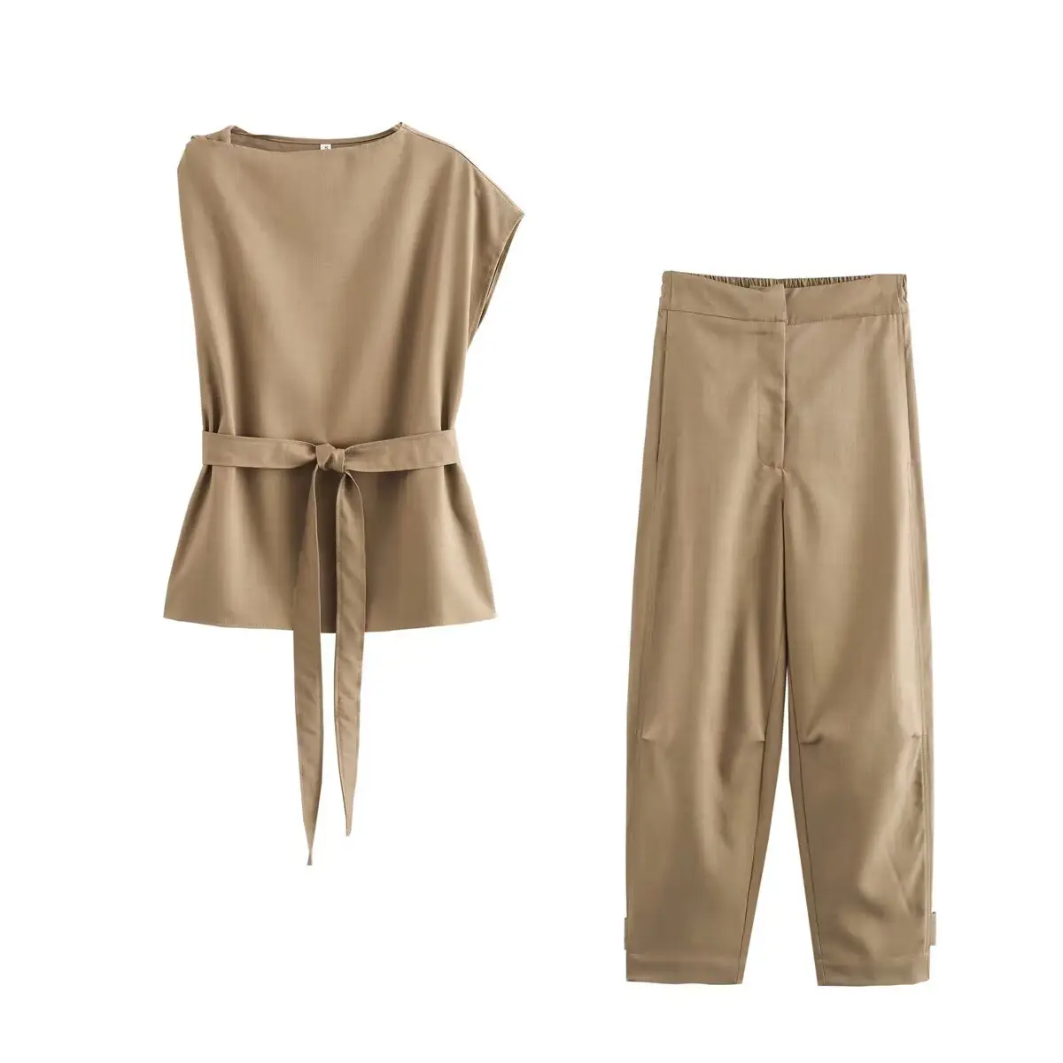 Cross-border 2025 Belt Top & Capri Pants Set Tan — feature 3