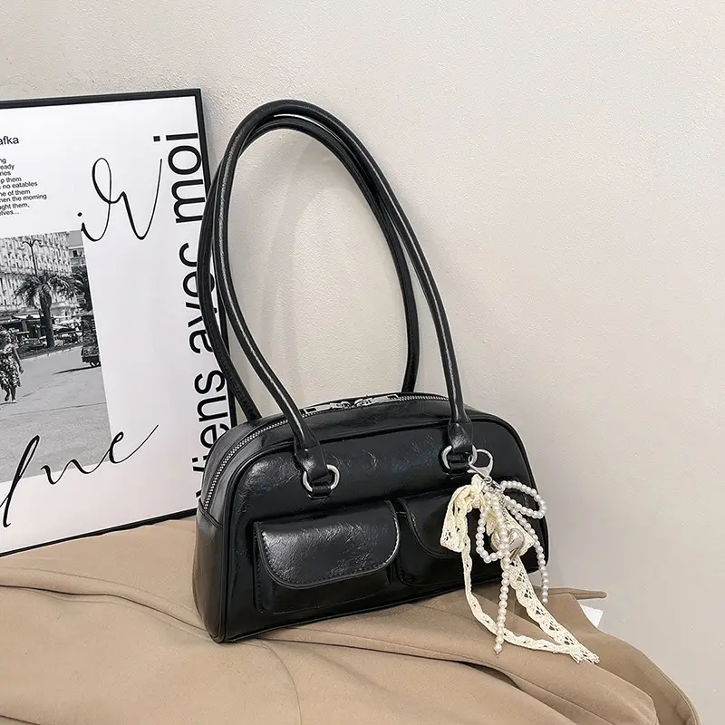 Black Leather Shoulder Bag with Chain Detail