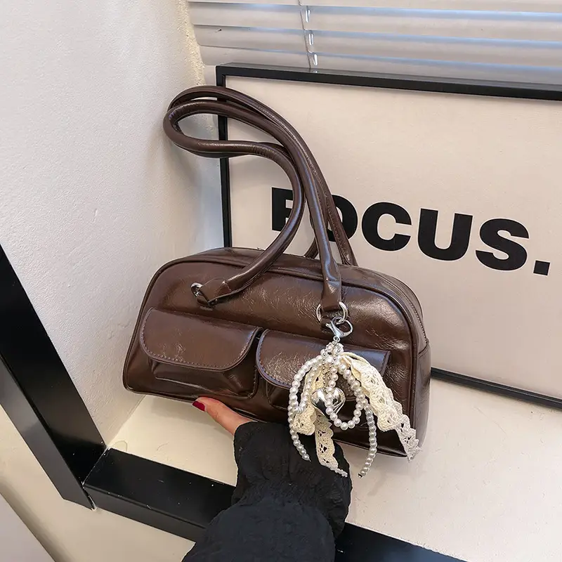 Black Leather Shoulder Bag with Chain Detail