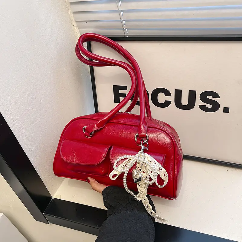 Black Leather Shoulder Bag with Chain Detail