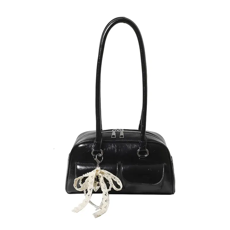 Black Leather Shoulder Bag with Chain Detail