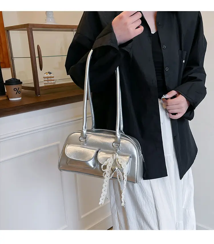 Black Leather Shoulder Bag with Chain Detail — feature 1