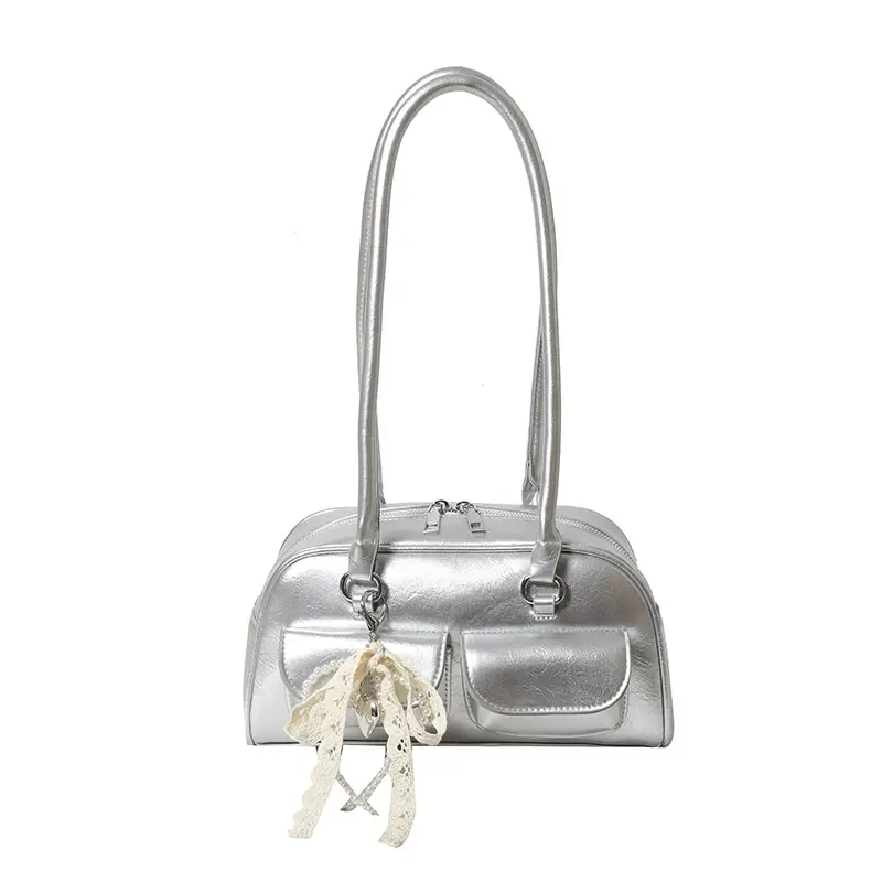 Black Leather Shoulder Bag with Chain Detail