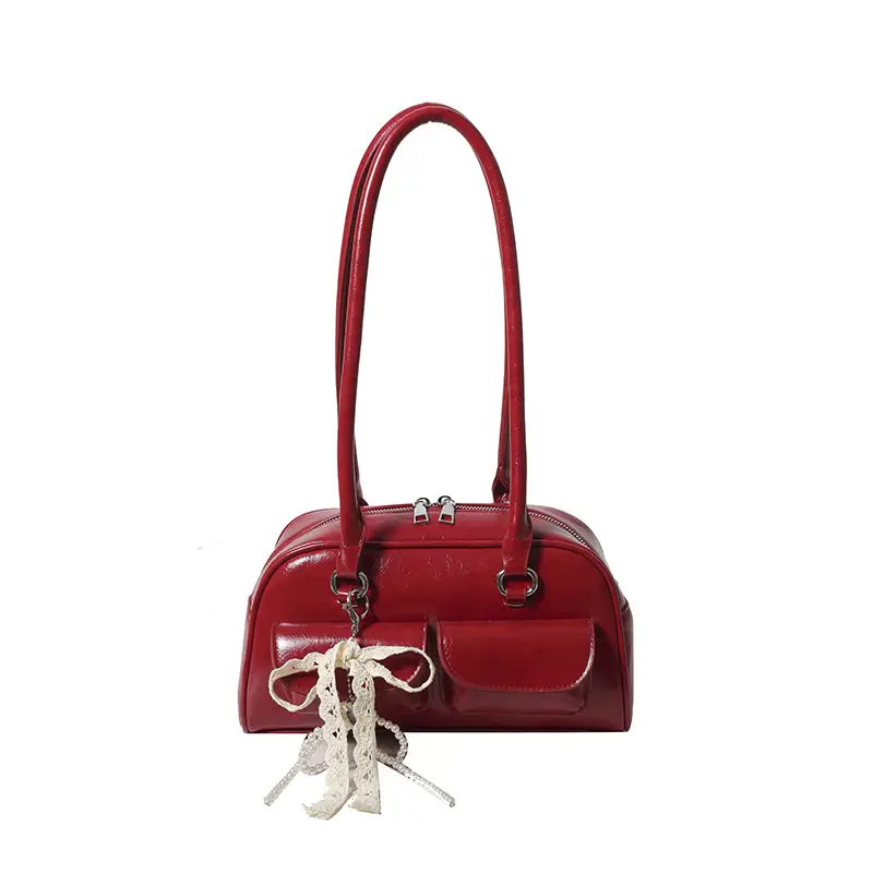 Black Leather Shoulder Bag with Chain Detail