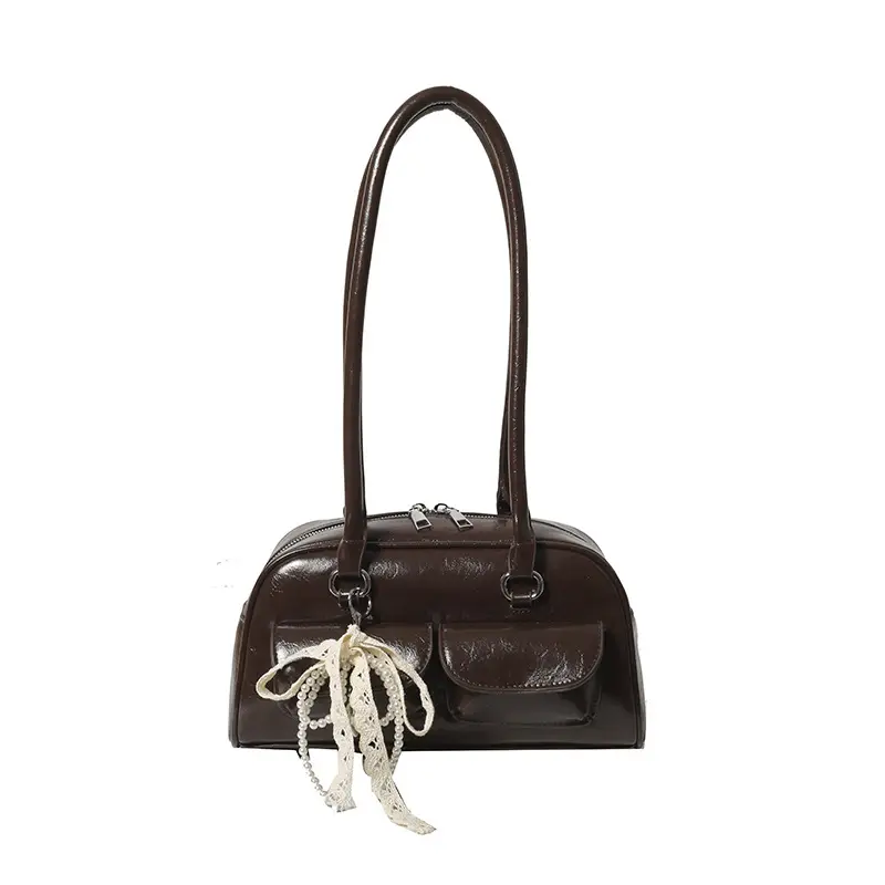 Black Leather Shoulder Bag with Chain Detail