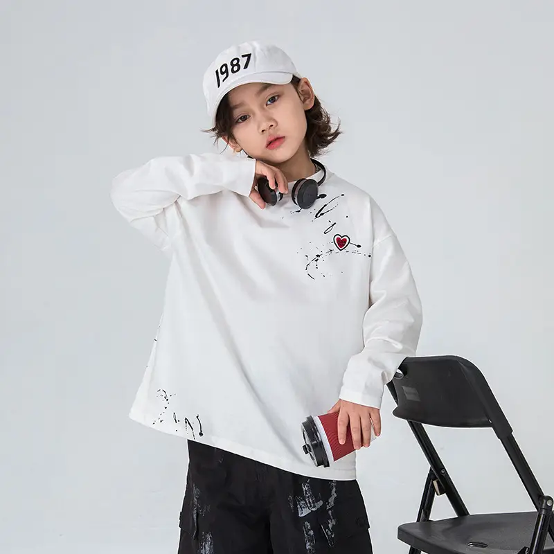 Boys Long Sleeve T-Shirt White Black Letter Print - Image 3