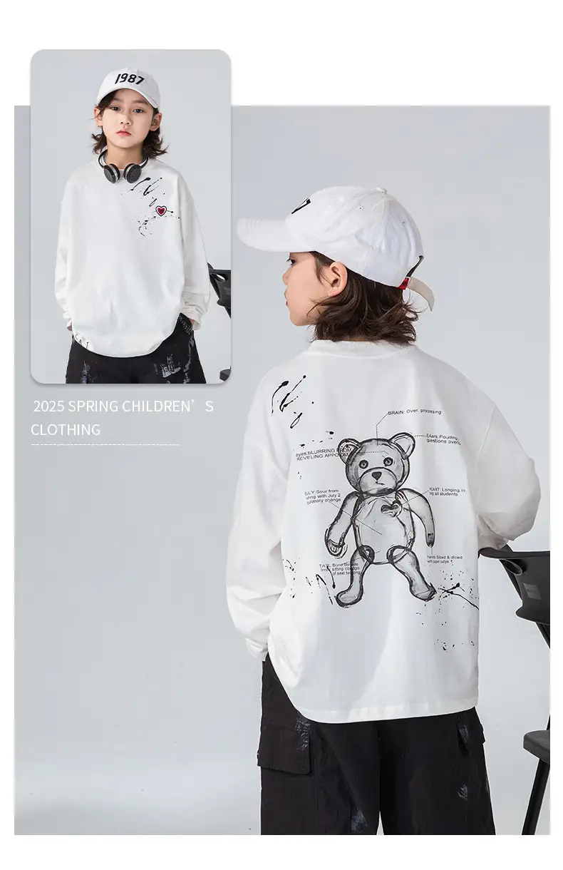 Boys Long Sleeve T-Shirt White Black Letter Print — feature 2