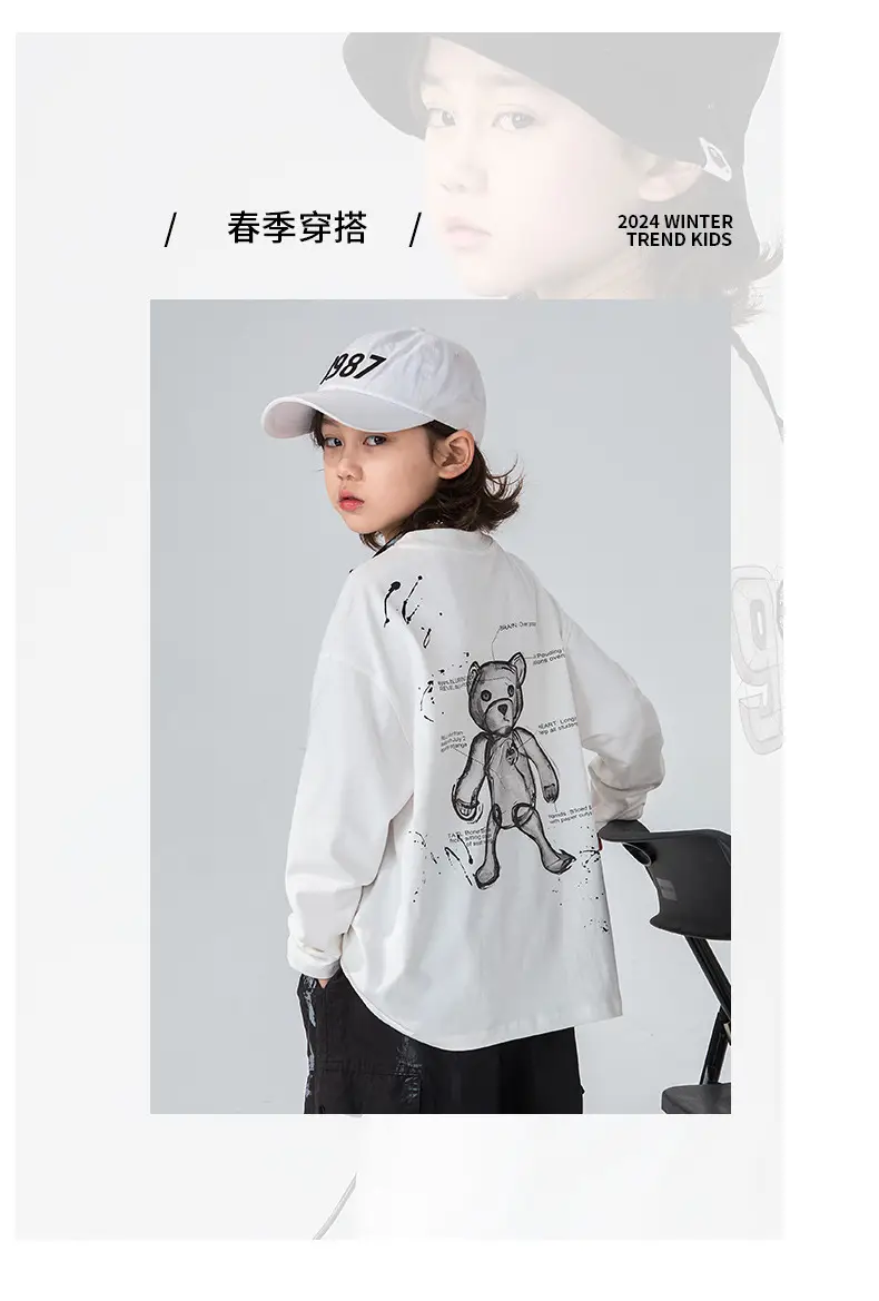 Boys Long Sleeve T-Shirt White Black Letter Print — feature 5