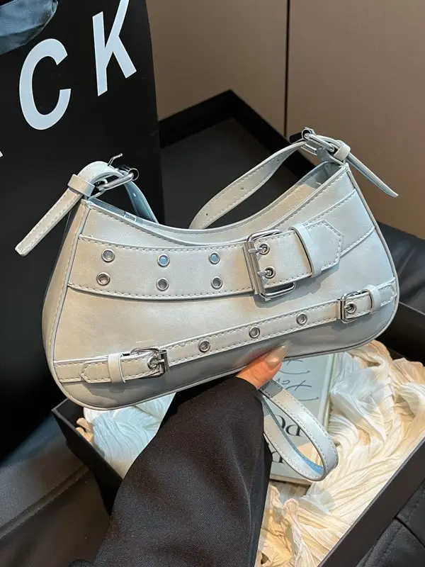 Women's Grey Leather Crossbody Bag with Buckle Strap - Image 6