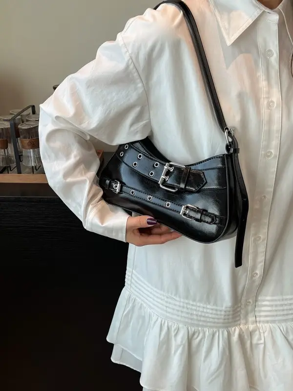 Women's Grey Leather Crossbody Bag with Buckle Strap - Image 7