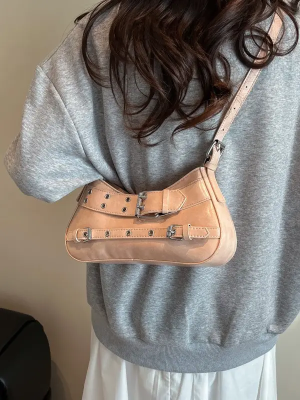Women's Grey Leather Crossbody Bag with Buckle Strap - Image 9