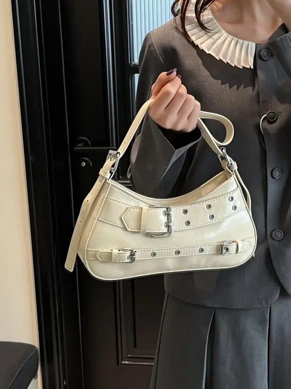 Women's Grey Leather Crossbody Bag with Buckle Strap - Image 10