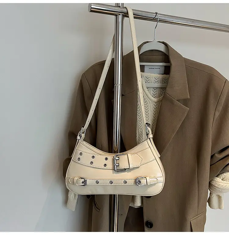 Women's Grey Leather Crossbody Bag with Buckle Strap — feature 1