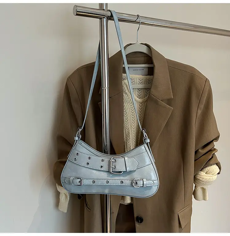 Women's Grey Leather Crossbody Bag with Buckle Strap — feature 29