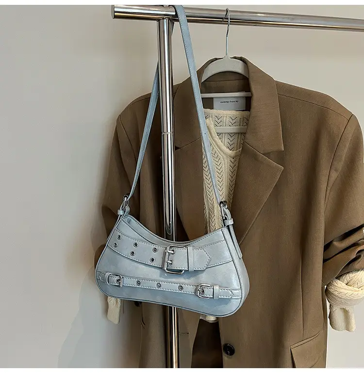Women's Grey Leather Crossbody Bag with Buckle Strap — feature 30