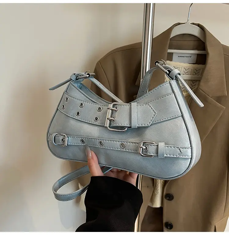 Women's Grey Leather Crossbody Bag with Buckle Strap — feature 32