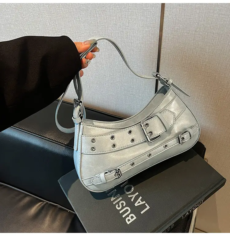 Women's Grey Leather Crossbody Bag with Buckle Strap — feature 33
