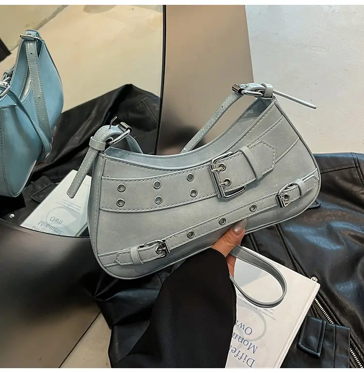 Women's Grey Leather Crossbody Bag with Buckle Strap — feature 34