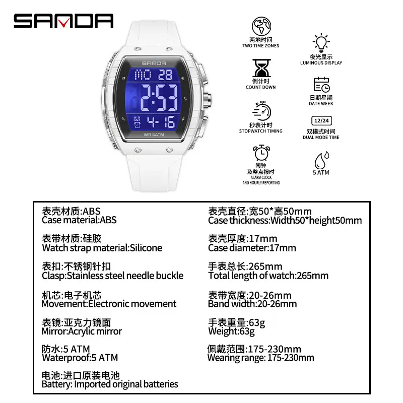 SANDA Waterproof Chronograph Men's Watch Blue Silicone - Image 36