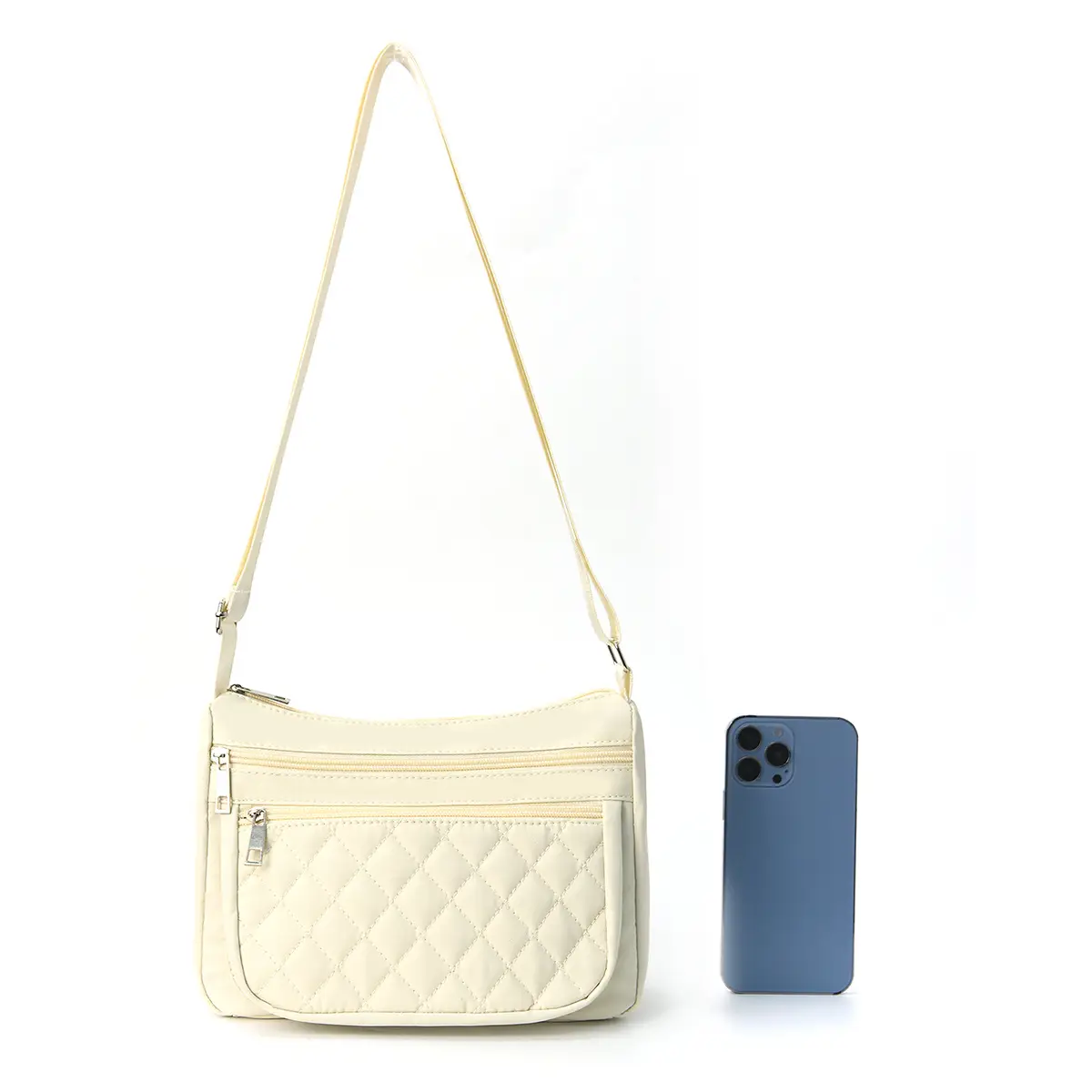 Women's Cream Quilted Crossbody Bag with Adjustable Strap