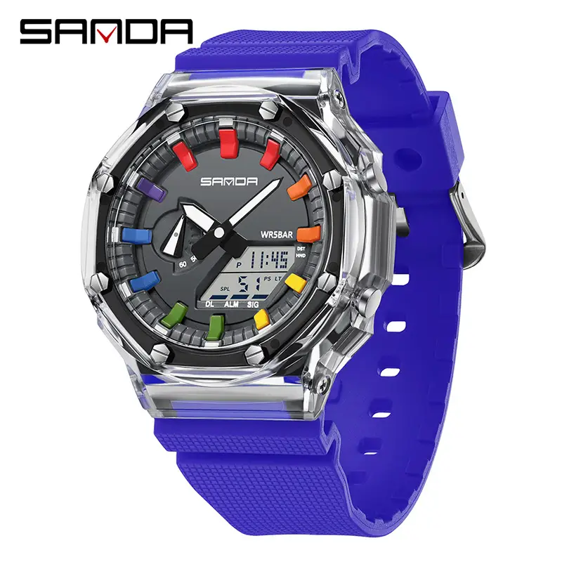Sanda Transparent Digital Watch Blue Silicone Sport Waterproof - Image 4