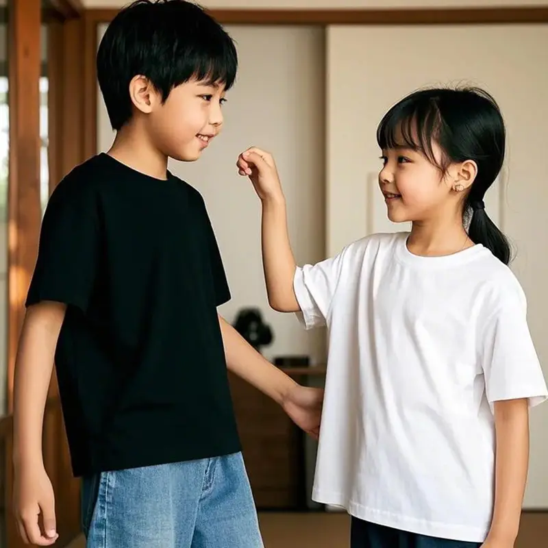 Japanese-style Cotton T-Shirt for Boys Girls 220G Cotton Summer Bottom — feature 3