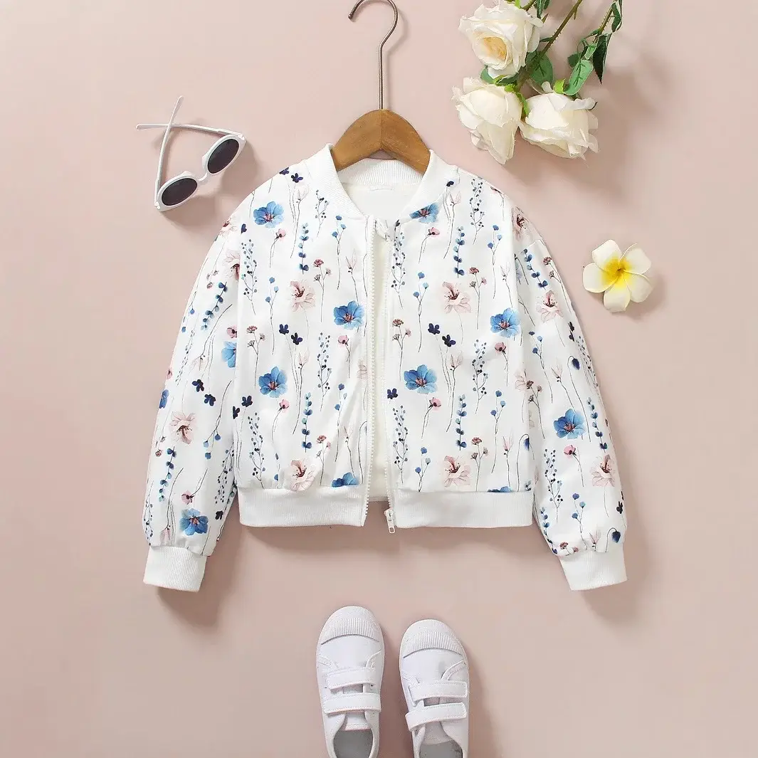 Girls Floral Baseball Jacket White Sweet European Style — feature 1
