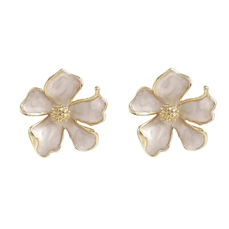 Milk White Floral Stud Earrings with Glaze Finish - Image 5