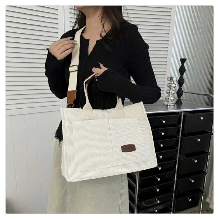 White Velvet Textured Shoulder Bag for College Students — feature 24