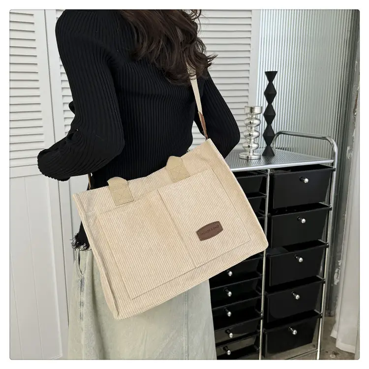 White Velvet Textured Shoulder Bag for College Students — feature 29