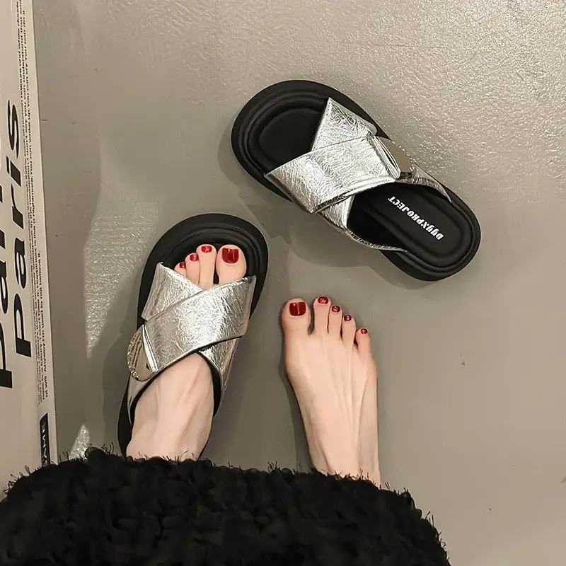 Women's High-rise silver Sandals and Slippers with Thick Bottom for Summer Wearing 2025 New High-end Feeling Small Cross Beach Slides - Image 5