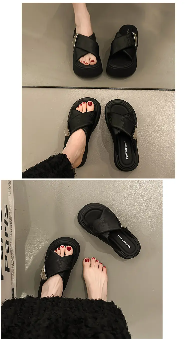 Women's High-rise silver Sandals and Slippers with Thick Bottom for Summer Wearing 2025 New High-end Feeling Small Cross Beach Slides — feature 13