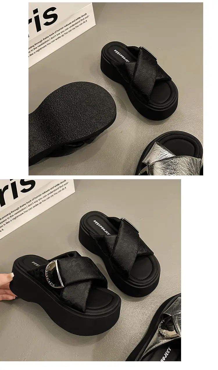 Women's High-rise silver Sandals and Slippers with Thick Bottom for Summer Wearing 2025 New High-end Feeling Small Cross Beach Slides — feature 14