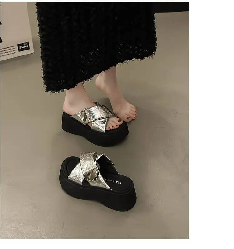 Women's High-rise silver Sandals and Slippers with Thick Bottom for Summer Wearing 2025 New High-end Feeling Small Cross Beach Slides — feature 16