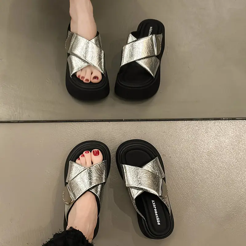 Women's High-rise silver Sandals and Slippers with Thick Bottom for Summer Wearing 2025 New High-end Feeling Small Cross Beach Slides — feature 17