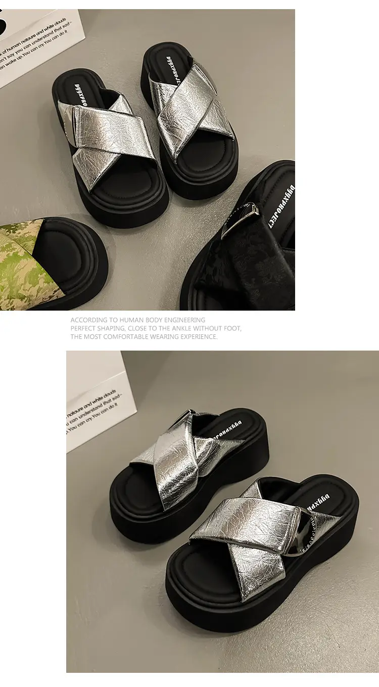 Women's High-rise silver Sandals and Slippers with Thick Bottom for Summer Wearing 2025 New High-end Feeling Small Cross Beach Slides — feature 18