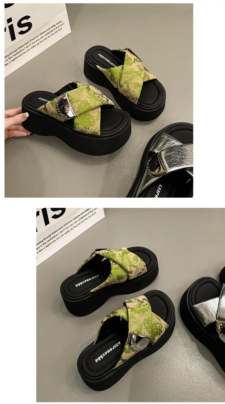 Women's High-rise silver Sandals and Slippers with Thick Bottom for Summer Wearing 2025 New High-end Feeling Small Cross Beach Slides — feature 21