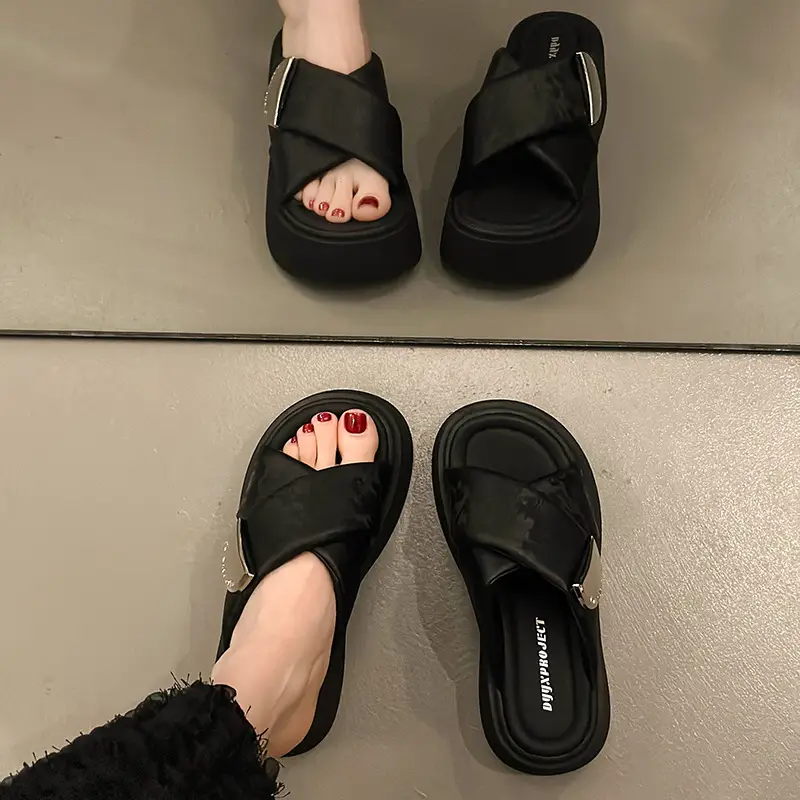 Women's High-rise silver Sandals and Slippers with Thick Bottom for Summer Wearing 2025 New High-end Feeling Small Cross Beach Slides — feature 22