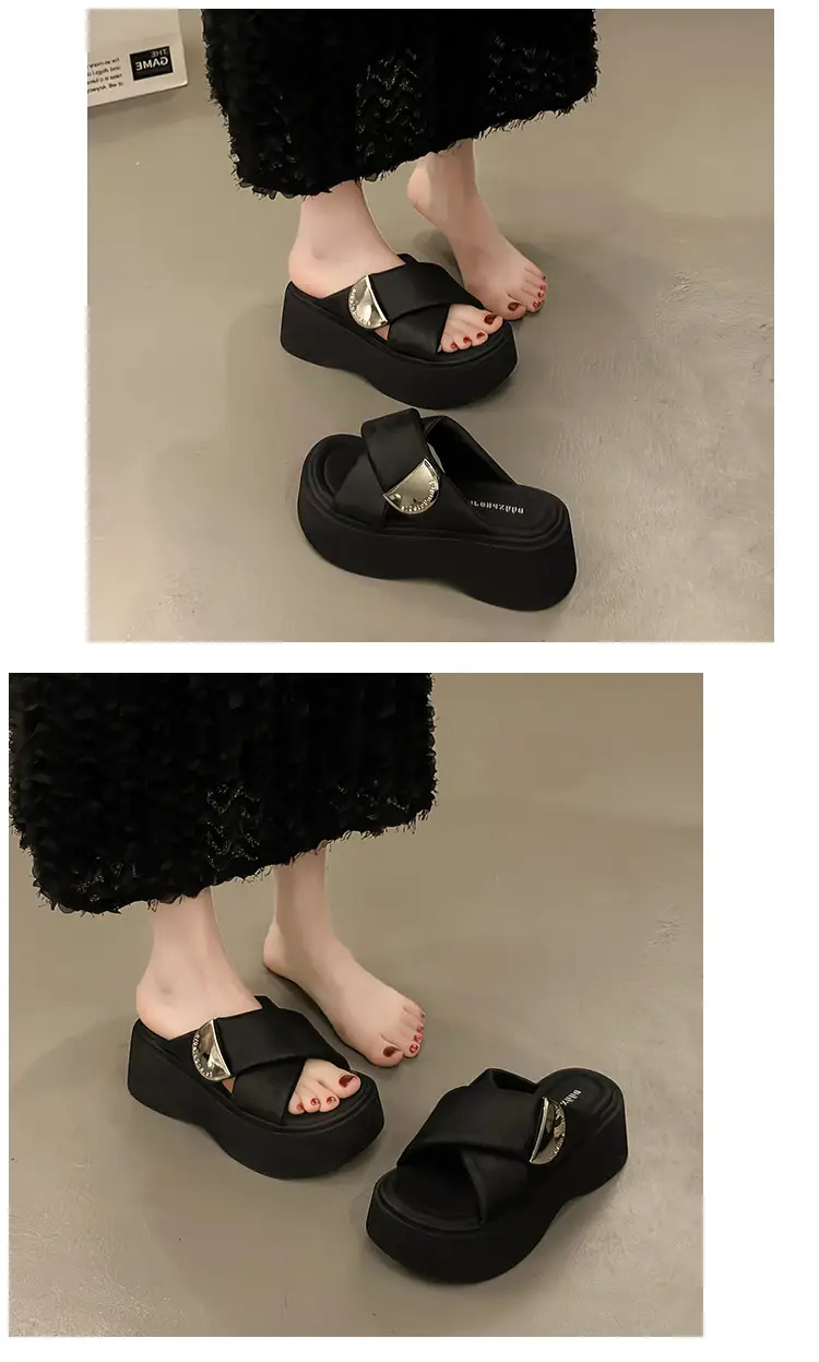 Women's High-rise silver Sandals and Slippers with Thick Bottom for Summer Wearing 2025 New High-end Feeling Small Cross Beach Slides — feature 7