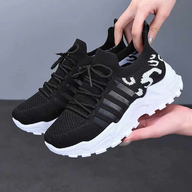Women's Black Mesh Korean Style Sneakers with Thick White Sole - Image 9