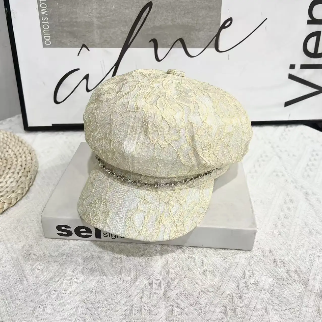 White Lace Octagonal Cap for Girls Summer Beret - Image 3