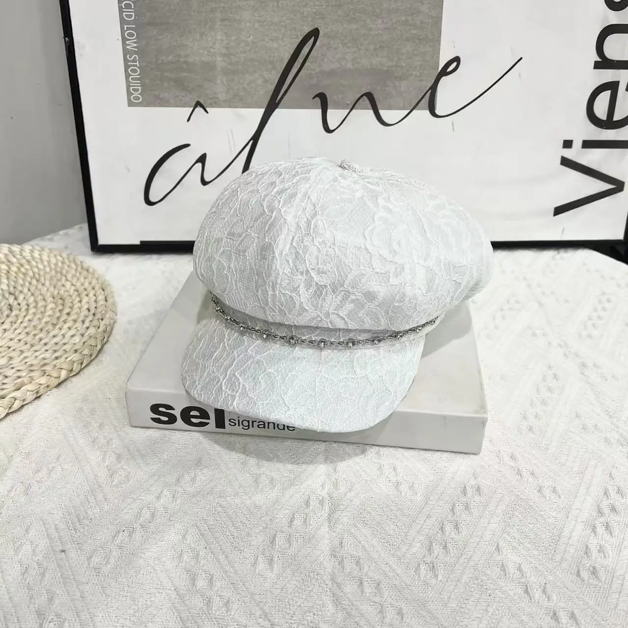 White Lace Octagonal Cap for Girls Summer Beret - Image 2