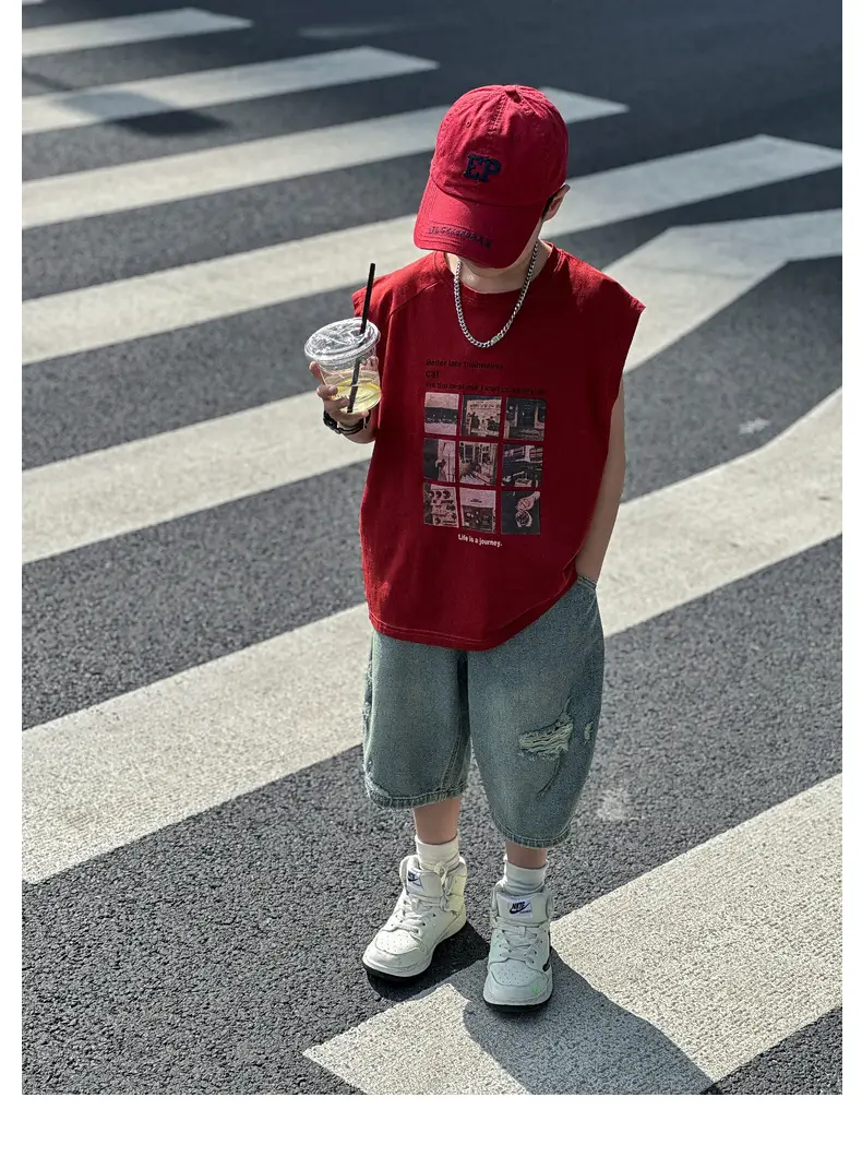 Panda Yuanyuan Red Cotton Summer Vest Large Boys — feature 32