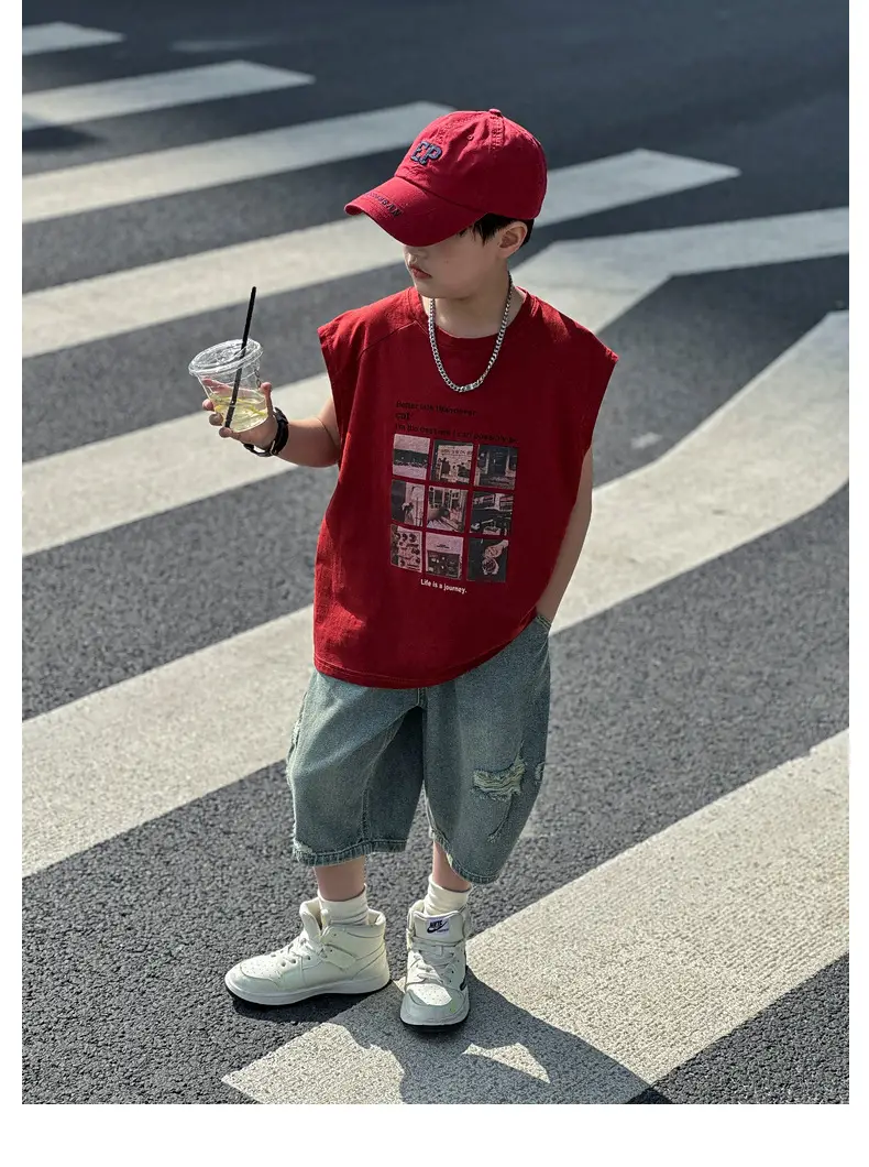Panda Yuanyuan Red Cotton Summer Vest Large Boys — feature 34