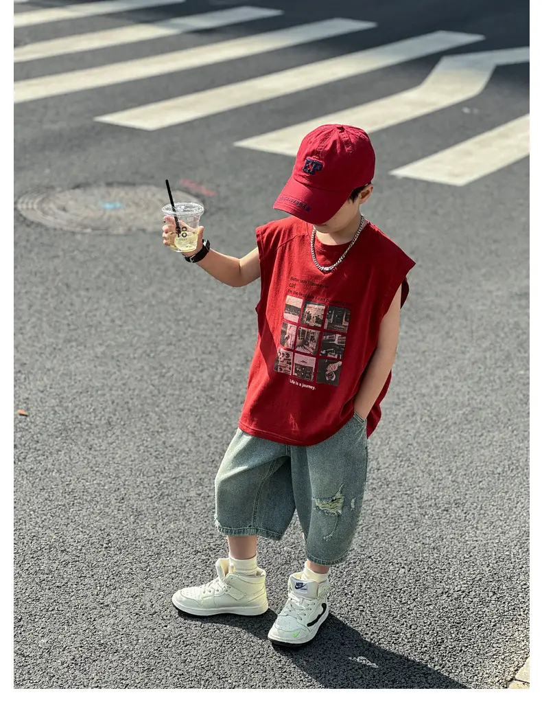 Panda Yuanyuan Red Cotton Summer Vest Large Boys — feature 36
