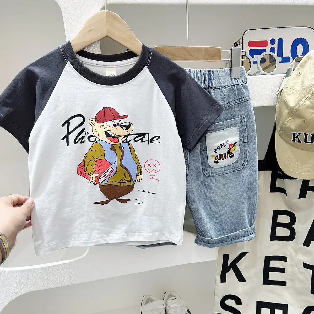 2025 Boys Cartoon T-Shirt Shorts Set Grey Black - Image 4