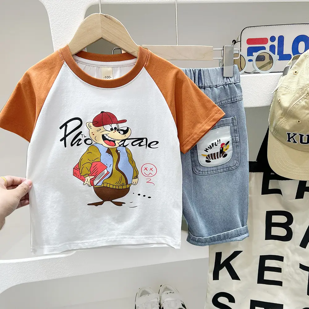 2025 Boys Cartoon T-Shirt Shorts Set Grey Black - Image 5