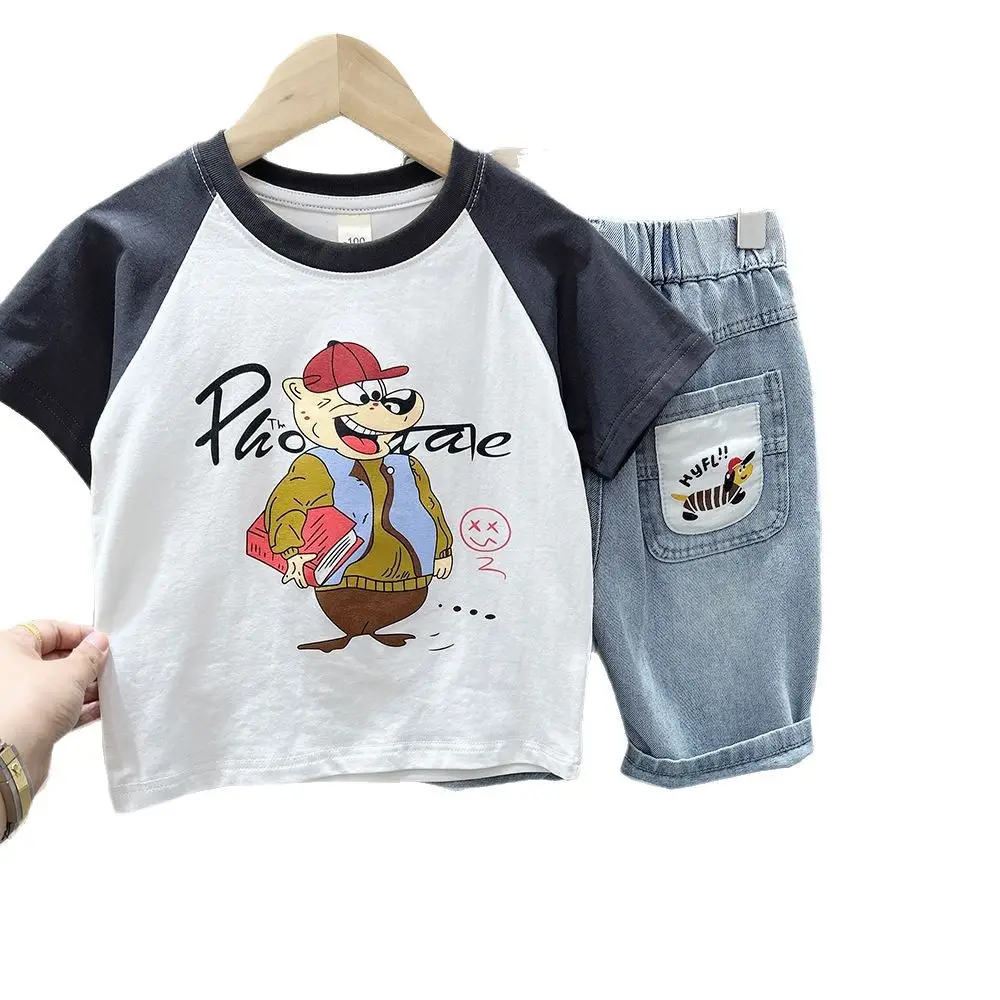 2025 Boys Cartoon T-Shirt Shorts Set Grey Black - Image 7