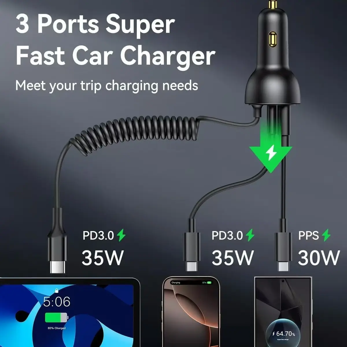 Three-in-One Car Charger with USB-C & Lightning Ports